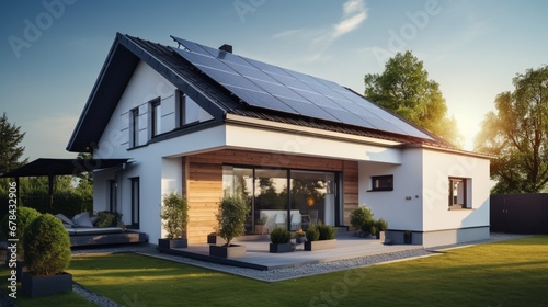 a modern, high-quality home with solar panels, The image emphasizes the clean, sustainable energy features of the house, with the panels glistening under the sun.