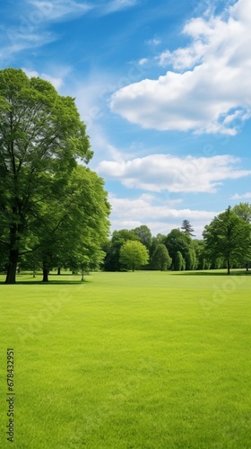 a serene green lawn surrounded by tall trees, with ample copy space in the clear sky above. The image conveys a sense of tranquility and the beauty of nature.