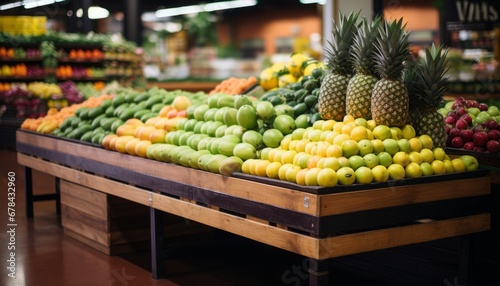 Blurred, vibrant, and out of focus interior of a bustling and expansive grocery store photo