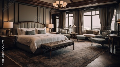 a luxurious hotel room with elegant furnishings, including a plush bed, tasteful decor, and soft ambient lighting. The room exudes opulence and comfort.