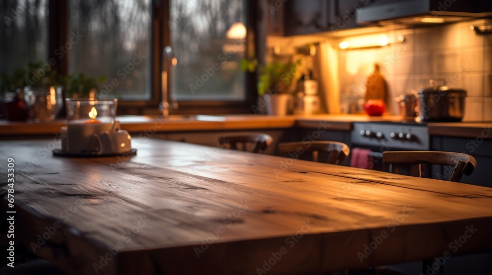 an empty wooden dining table in a cozy kitchen, with a blurred background showcasing the warm and inviting ambiance of the cooking area.