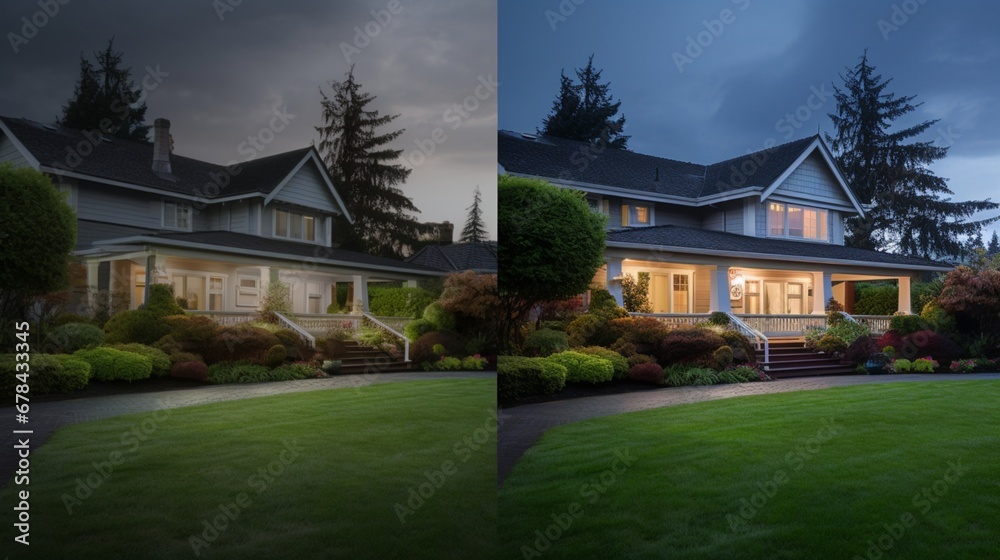 a beautiful house with a spacious front yard and a well-lit walkway, captured during both day and night.