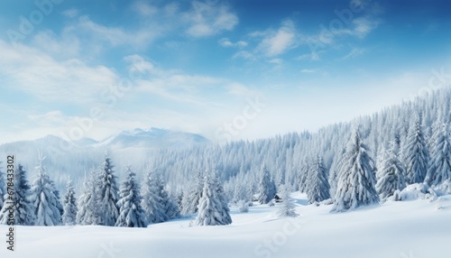 winter wonderland enchanting panoramic snowscape with glistening fir branches and delicate snowfall