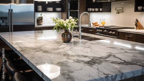 a close-up view of a sleek marble granite kitchen counter island in a modern, well-lit kitchen. photo