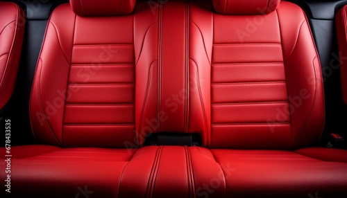 Frontal view of a sleek modern luxury car interior with comfortable red leather back passenger seats