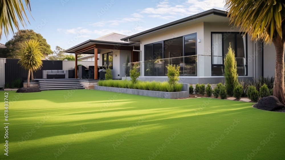 the front yard of a modern Australian house with a contemporary lawn turf featuring artificial grass and clean wooden edging for boundary decoration. - obrazy, fototapety, plakaty 