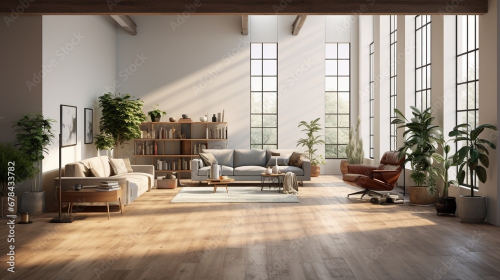 the spacious interior of a modern contemporary loft with a wooden floor adorned with potted plants. The image conveys the serene and high-quality ambiance of the room.