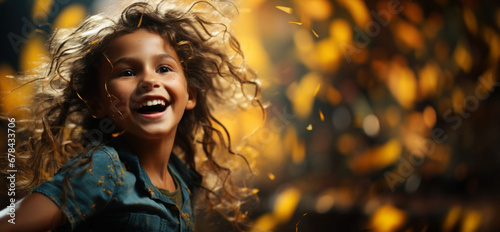 Child's infectious laughter fills the air, her curls bouncing with each chuckle, capturing the essence of pure joy