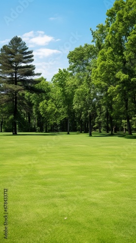 a serene green lawn surrounded by tall trees, with ample copy space in the clear sky above. The image conveys a sense of tranquility and the beauty of nature.
