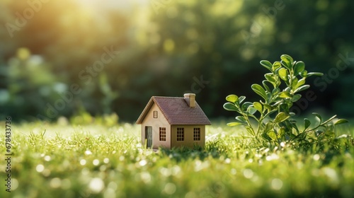 an eco house nestled in a lush green environment, with a charming miniature house placed on a bed of fresh green grass.