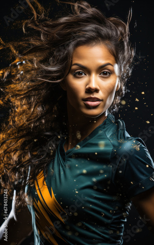 Confident woman soccer player with a fierce look  her hair caught in a swirl of action  symbolizing the dynamic nature of the sport.