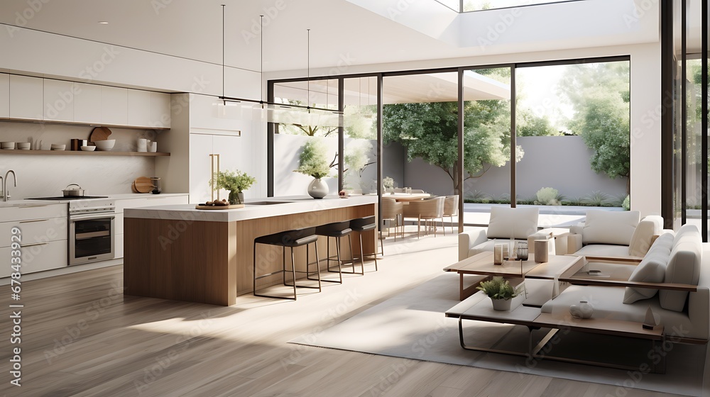 A modern minimalist home interior design with clean lines, sleek furniture, and neutral color palette, featuring an open-concept living space connected to a spacious kitchen, bathed in natural light A modern minimalist home interior design with clean lines, sleek furniture, and neutral color palette, featuring an open-concept living space connected to a spacious kitchen, bathed in natural light
