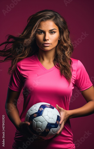 Soccer player in pink, her confident stance and direct gaze exuding strength and determination on the field.  © Liana