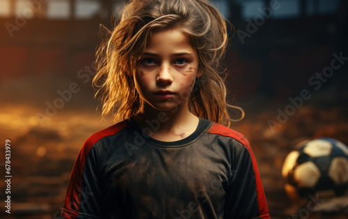 Intrepid young soccer player in a gritty setting, her unwavering gaze signaling a readiness to face any challenge.  © Liana
