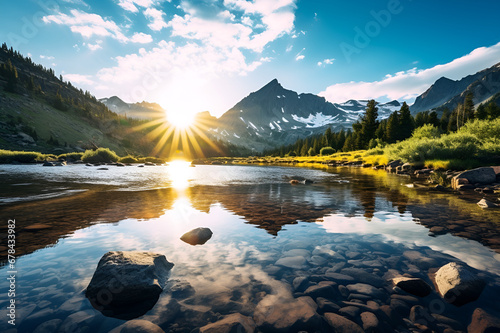 the sun is beginning to set above a mountain river in the mountains, in the style of chrome reflections, cross processing, whistlerian, sharp perspective angles, 8k resolution, --ar 128:85 photo