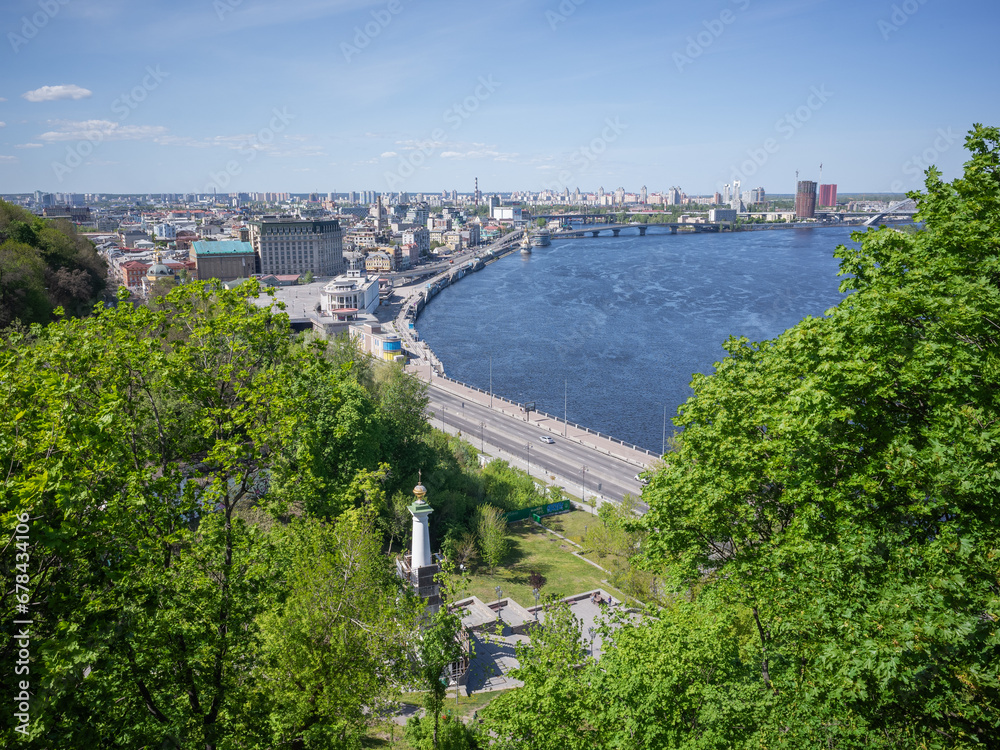 dnipro river and cityscape seen from the higher bridge in capital kyiv
