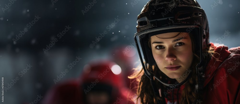 Female hockey player against a snowy backdrop, the quiet intensity of her focus cuts through the chill.
Female hockey player against a snowy backdrop, the quiet intensity of her focus cuts through the chill.