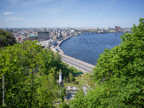 dnipro river and cityscape seen from the higher bridge in capital kyiv
