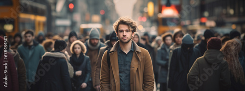 Lonely young man walks down the street among a crowd of people photo