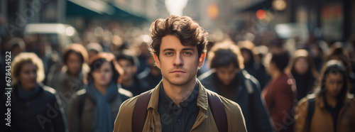 Lonely young man walks down the street among a crowd of people