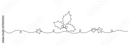 One continuous line drawing of Christmas holly. Festive greeting card and banner with mistletoe design in simple linear style. Editable stroke. Doodle outline vector illustration
