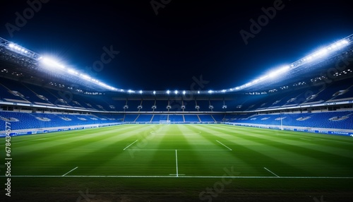 Empty soccer stadium at night with mesmerizing white and blue illumination on the professional field