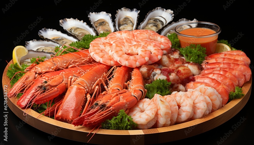 Oceanic delicacies on ice fresh fish, shellfish, crabs, octopuses, mussels, oysters, and shrimps Oceanic delicacies on ice fresh fish, shellfish, crabs, octopuses, mussels, oysters, and shrimps