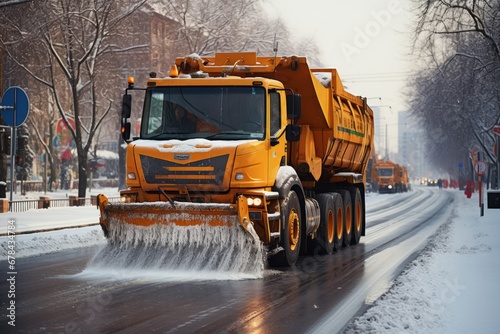 Powerful snow plow pickup trucks skillfully clearing winter roads with efficiency and reliability