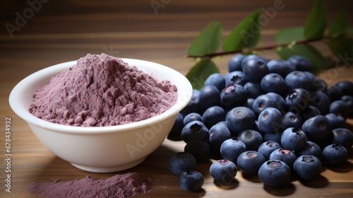 Bio fruit blueberry protein pink powder in wooden bowl isolated on white background. sublimate, raw material for the food industry