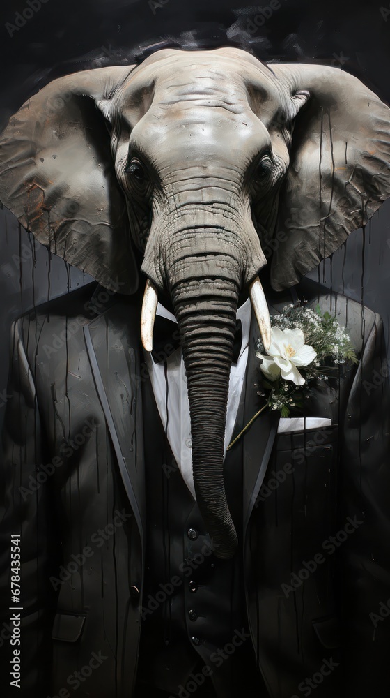 Elegant Elephant in a Tuxedo Holding a Beautiful Bouquet of Flowers Generative AI