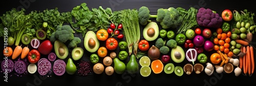 Vibrant and nutritious assortment of fresh vegetables and fruits on dark solid background