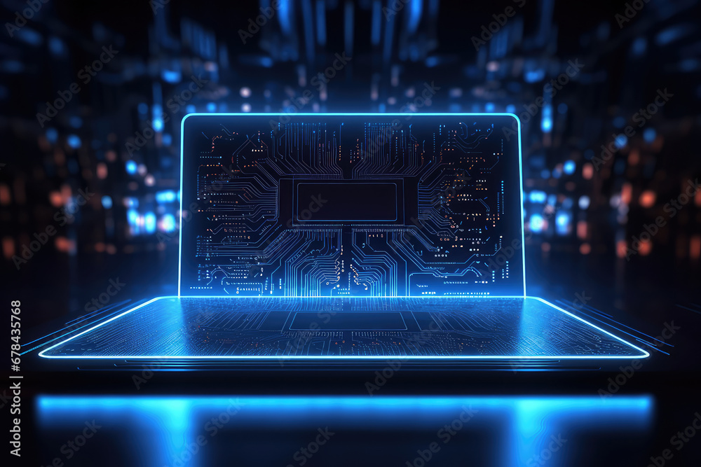 Fototapeta premium Circuit board technology. Microchip processor circuit on dark blue background. Information Processing Concept. Generative AI.