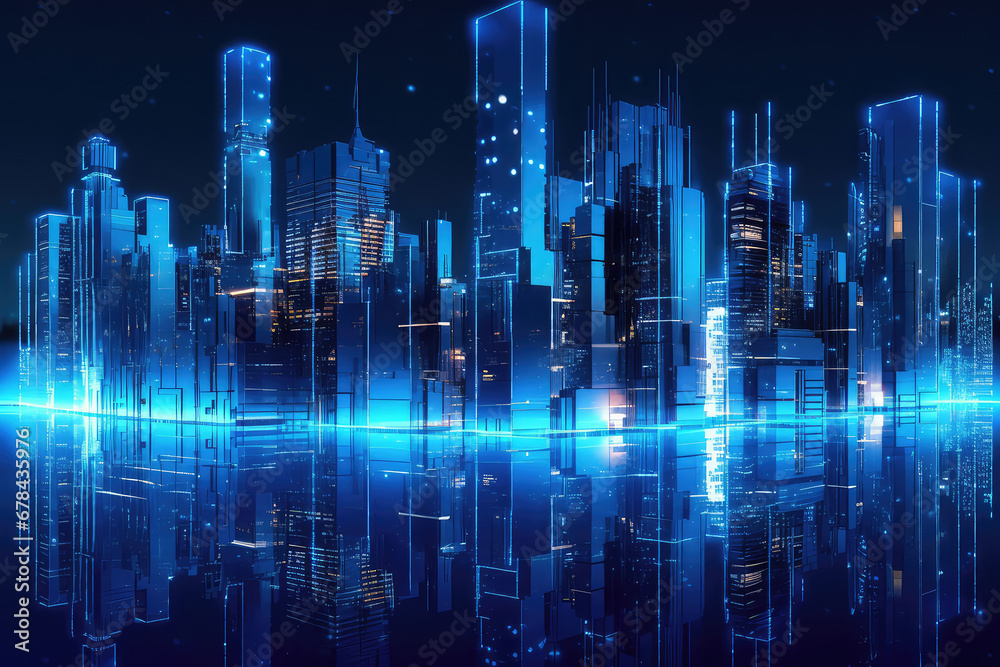 Cityscape on dark blue. fiber optic, speed line, futuristic background. internet network concept. Generative AI. Cityscape on dark blue. fiber optic, speed line, futuristic background. internet network concept. Generative AI.
