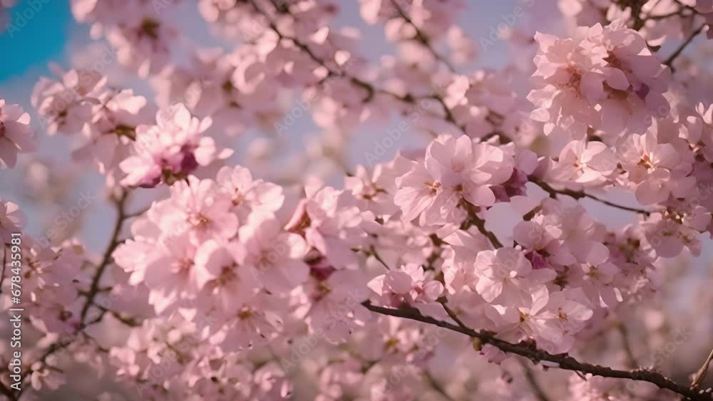 Closeup delicate pink cherry blossom slowly blooming, delicate petals gently drifting down ground. Closeup delicate pink cherry blossom slowly blooming, delicate petals gently drifting down ground.