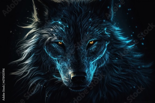 Close Up of a Wolf's Face Piercing Through the Darkness Generative AI © Johnathan