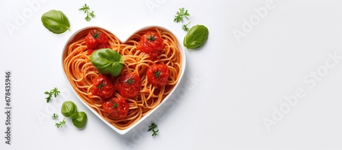 Heart shaped spaghetti with tomato sauce and basil photo