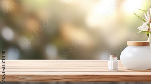 white Wooden table on blurred spa bench background, Advertisement, Print media, Illustration, Banner, for website, copy space, for word, template, presentation