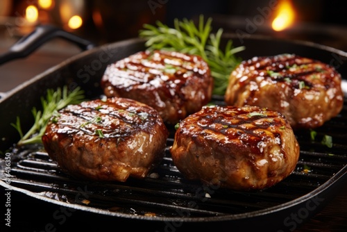 Irresistibly appetizing and succulent grilled juicy meat burger patty on a sizzling hot pan