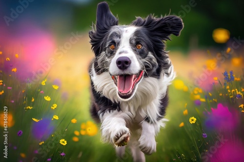 Joyful Canine in Monochrome Sprinting Through a Blooming Meadow Generative AI © Johnathan