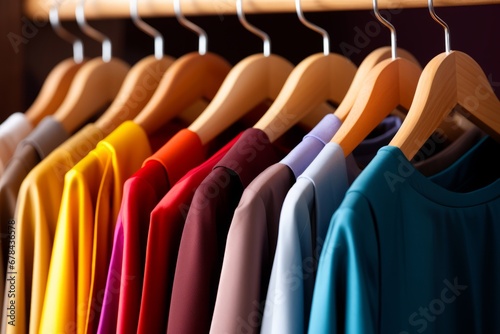 Stylish and trendy fashion clothes hanging on a colorful clothing rack in a well organized closet