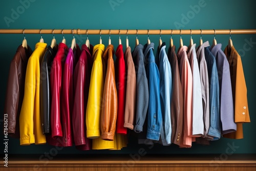 Trendy and fashionable clothes showcased on a colorful clothing rack in a stylish and modern closet