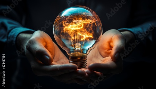 Creative brainstorming and innovative problem solving with an electric bulb in hand concept