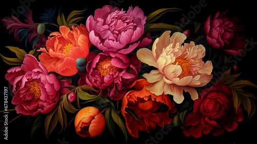 Painterly image of colorful peonies. Rococo style and chiaroscuro lighting. Vibrant resource background and wallpaper.