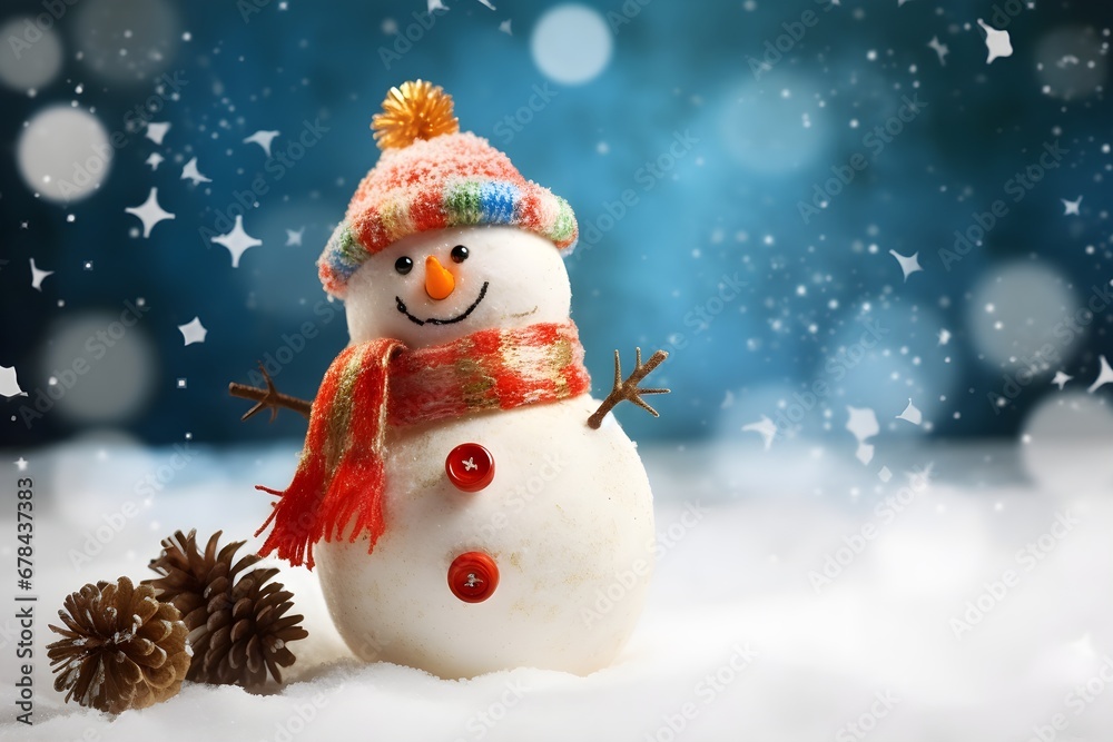 Christmas blue bokeh background with white snowman weared in a warm hat and scarf