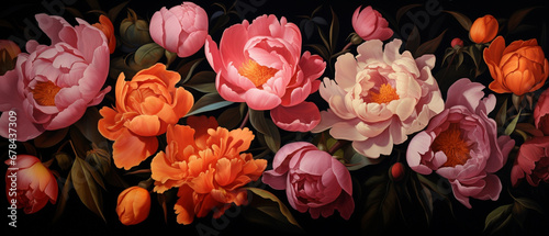Painterly image of colorful peonies. Rococo style and chiaroscuro lighting. Vibrant resource background and wallpaper. photo