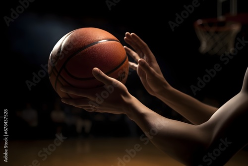 Hands with basketball ball close up, playing game concept