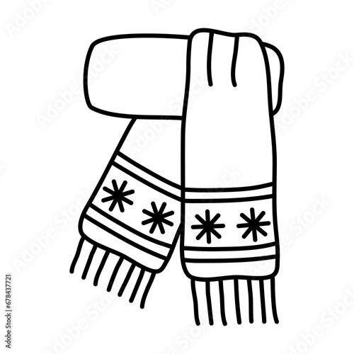 Warm blue scarf with snowflakes, winter accessories, doodle style flat vector outline for coloring book