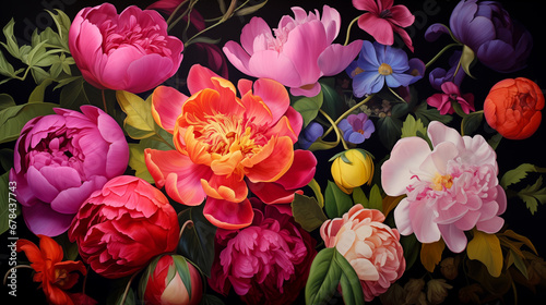 Painterly image of colorful peonies. Rococo style and chiaroscuro lighting. Vibrant resource background and wallpaper.