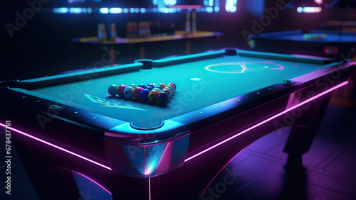 Pool balls and cue on pool table. Neon light.