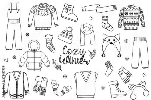 Set of cozy warm winter clothes and accessories, doodle style flat vector outline for coloring book photo